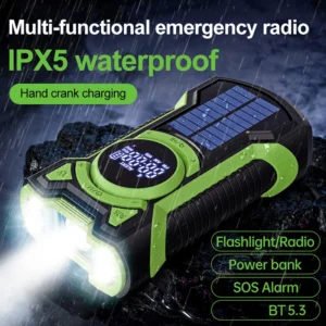 Solar Emergency Weather Radio Bluetooth-Compatible5.3 Hand Crank Weather Alert Radio Phone Charger SOS Alarm for Outdoor Camping