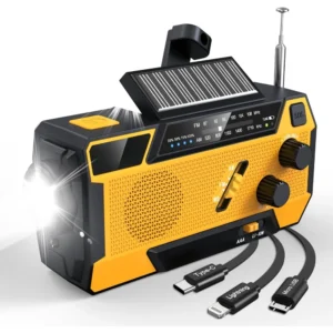 Emergency Crank Weather Radio, AM/FM/NOAA, 2000mAh, Solar, Hand Crank, SOS, Flashlight for Outdoor Emergencies