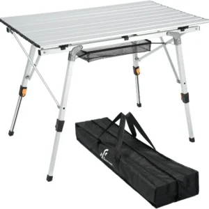 Camping Tables That Fold Up Lightweight, Adjustable Height Aluminum Folding Table with Top Mesh Layer, Roll Up Camping Table